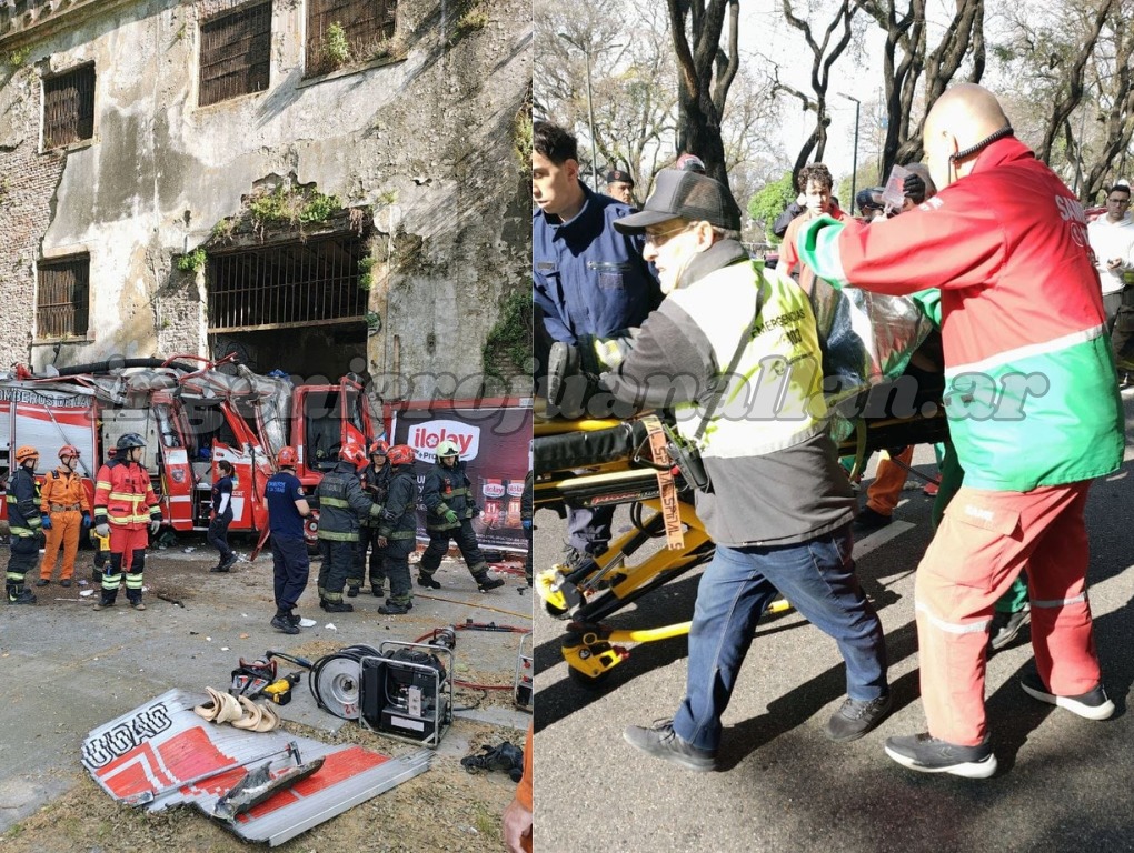 Bomberos trabajan junto a la autobomba chocada en la ex cárcel de Caseros y personal de emergencias traslada a un herido en camilla