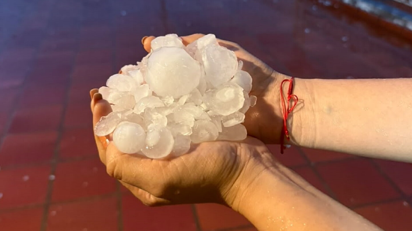 Dos manos sostienen un puñado de granizos grandes, algunos del tamaño de una pelota de tenis