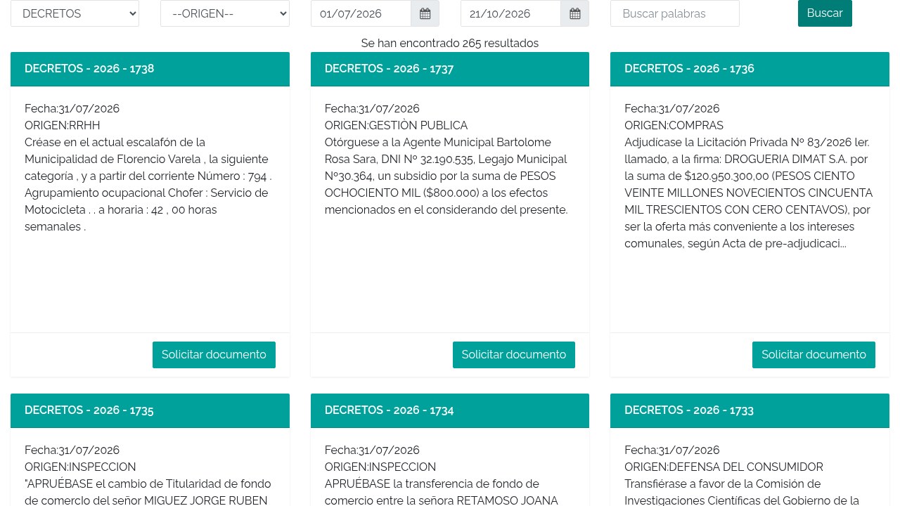 Captura del buscador del Boletín Oficial de Florencio Varela en varela.gob.ar: resultados de decretos con resúmenes cortados y el botón Solicitar documento