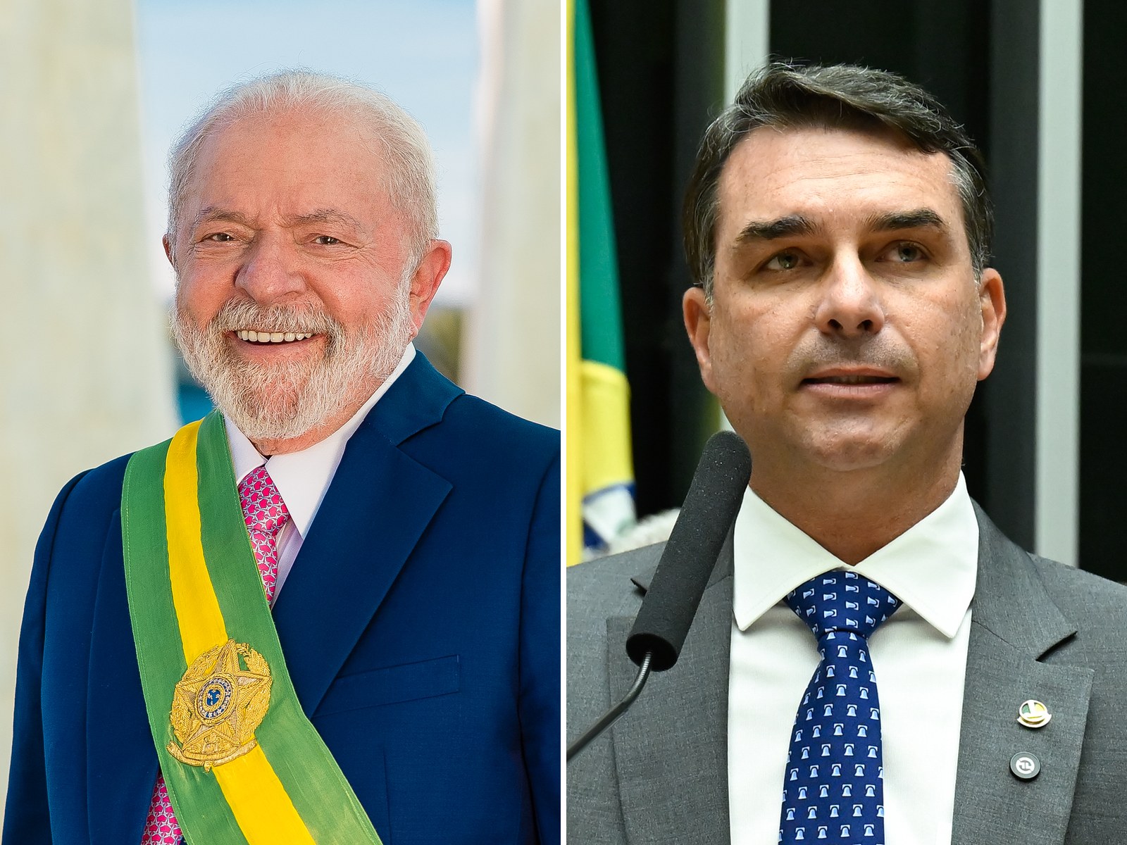 Montaje de dos retratos: a la izquierda Lula da Silva, sonriente, con la banda presidencial verde y amarilla; a la derecha Flávio Bolsonaro, de traje y corbata azul, hablando frente a un micrófono