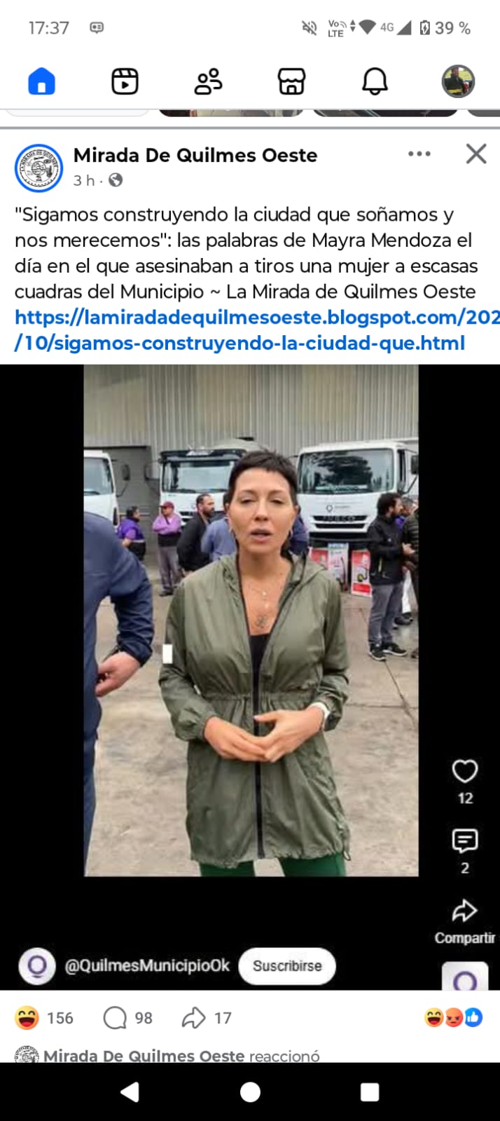 Publicación de La Mirada de Quilmes Oeste sobre la frase de Mayra Mendoza