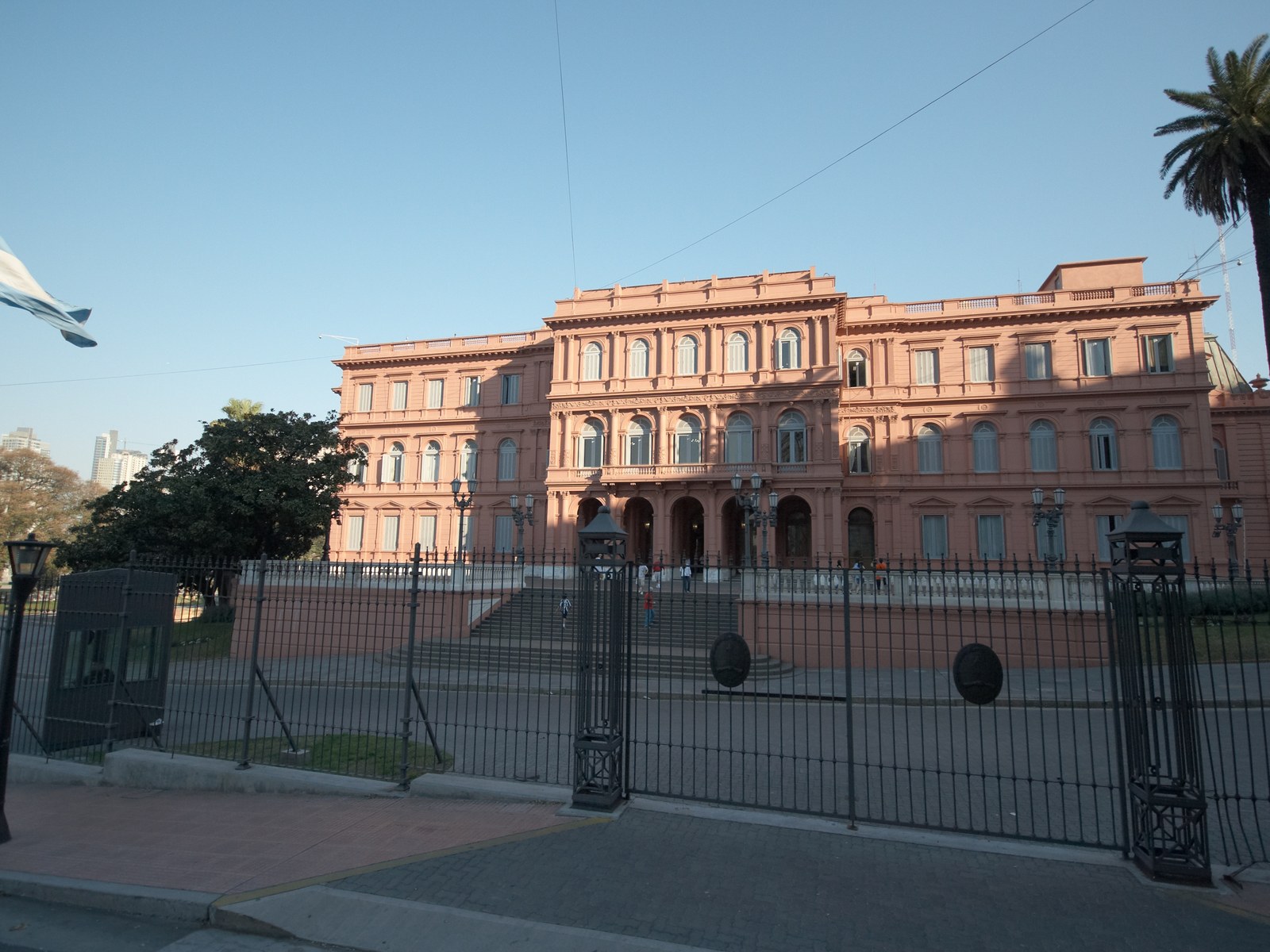 Fachada norte de la Casa Rosada, sede del Gobierno nacional, detrás de las rejas, con la bandera argentina a la izquierda y una palmera a la derecha