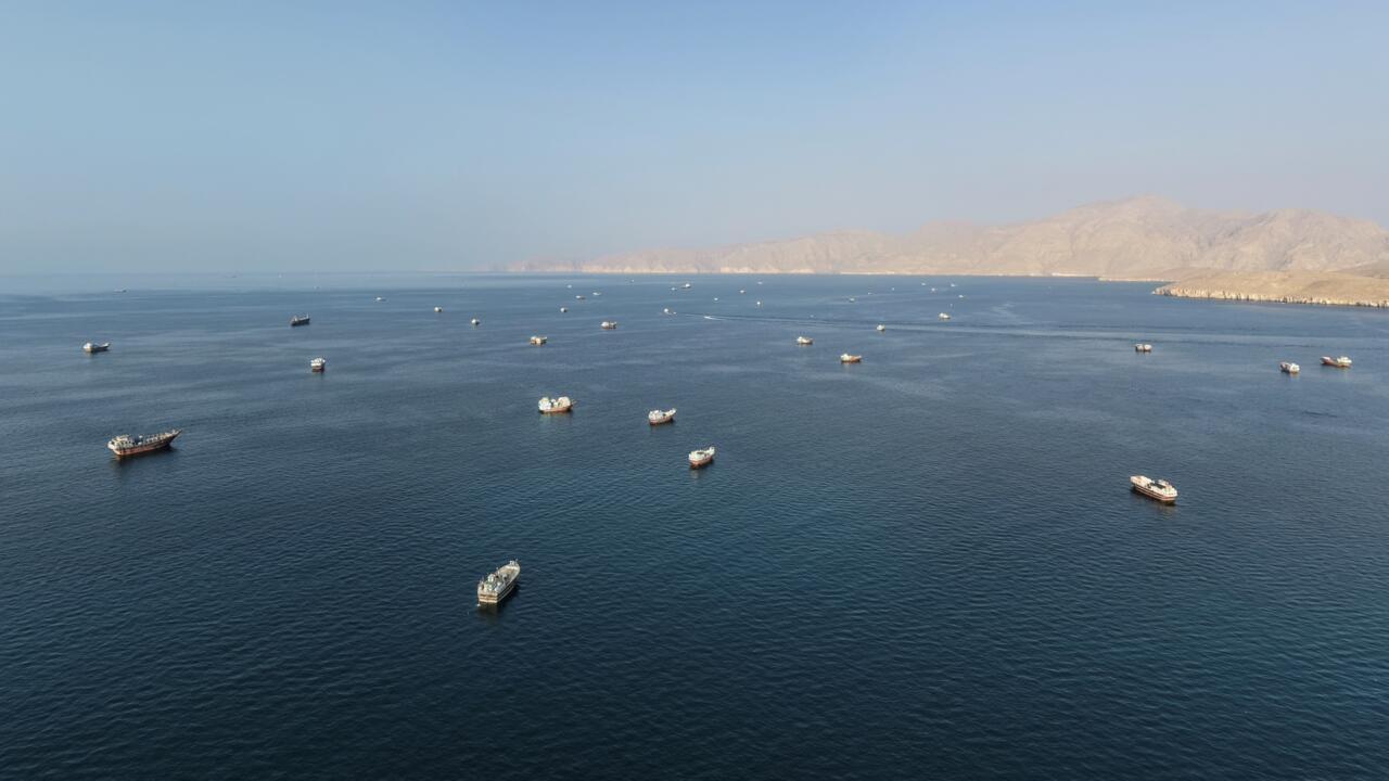 Vista aérea de varios barcos anclados en aguas azules frente a montañas áridas en la costa de Omán