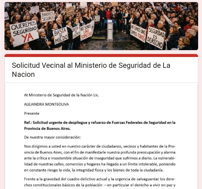 Flyer de la solicitud vecinal de Quilmes al Ministerio de Seguridad de la Nación con vecinos y carteles pidiendo seguridad